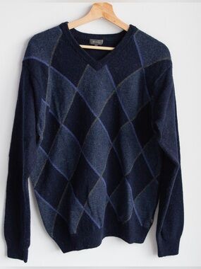Wolsey Pure New Wool Argyle V-Neck Sweater Large